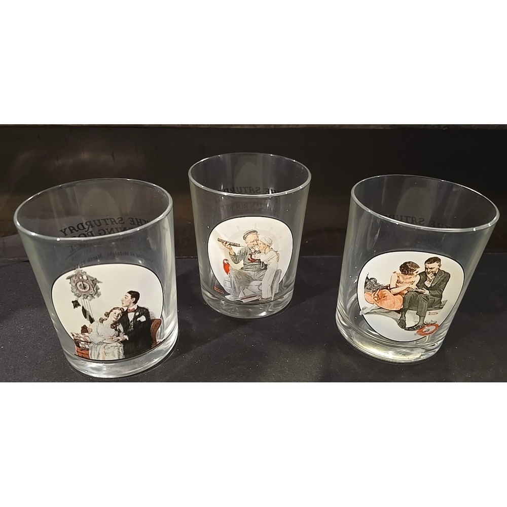 Norman Rockwell Saturday Evening Post Glassware Glasses Set of 3